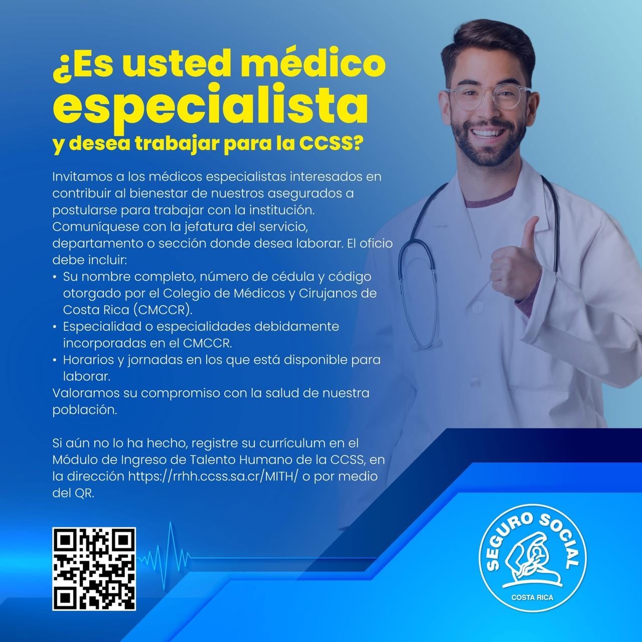 Anuncio en FB de CCSS para contratar médicos especialistas en hospitales públicos.
