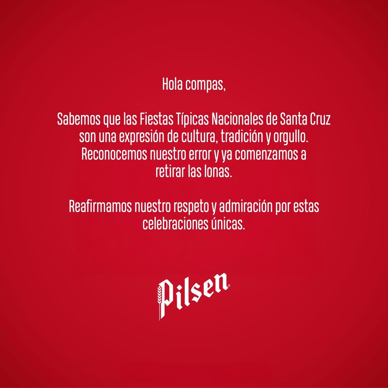 Comunicado de disculpas de Pilsen por las lonas publicitarias en Guanacaste que anuncian a las Fiestas Típicas Nacionales de Santa Cruz como una 'feria'
