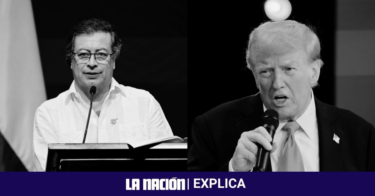Imagen dividida en dos partes: a la izquierda, el presidente de Colombia, Gustavo Petro, hablando en un podio; a la derecha, el expresidente de Estados Unidos, Donald Trump, sosteniendo un micrófono mientras habla.