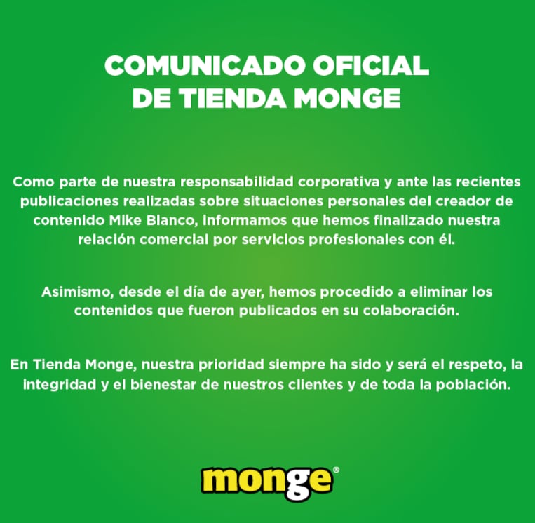 Tienda Monge aclara que acabó su relación comercial con el creador de contenido Mike Blanco.