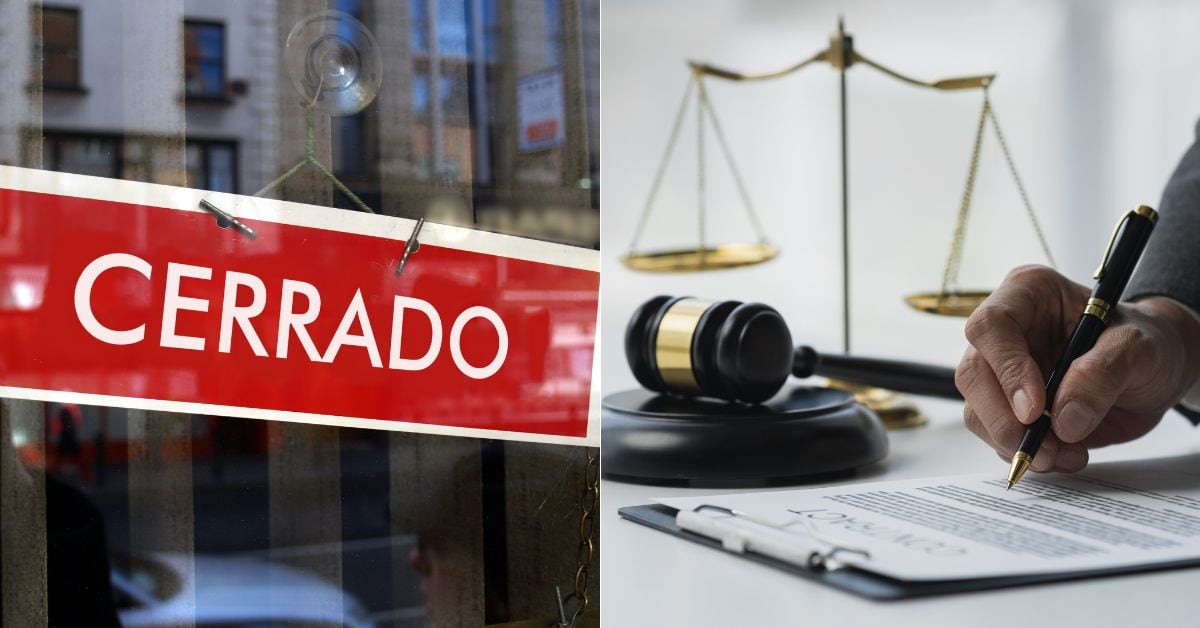 En la imagen un local con un letrero de "cerrado" y a la derecha una persona firmando una escritura.