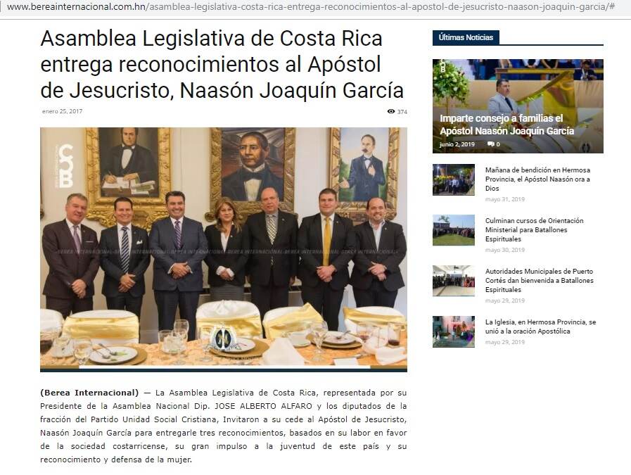 Así informa el sitio bereainternacional.com.hn sobre el homenaje que diputados del PUSC y el presidente legislativo, el libertario José Alberto Alfaro, habrían realizado al pastor mexicano Naasón Joaquín García 8tercero de izq. a der.), acusado por 26 delitos de pornografía infantil y abuso sexual de menores. Foto: Captura de pantalla.