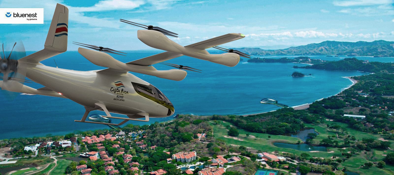 Costa Rica recibirá 50 eVTOL para rutas aéreas turísticas en Guanacaste, en alianza entre Eve, Aerosolutions y Bluenest.