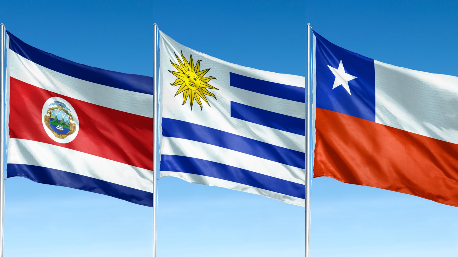 Banderas de Costa Rica, Uruguay y Chile contra cielo celeste