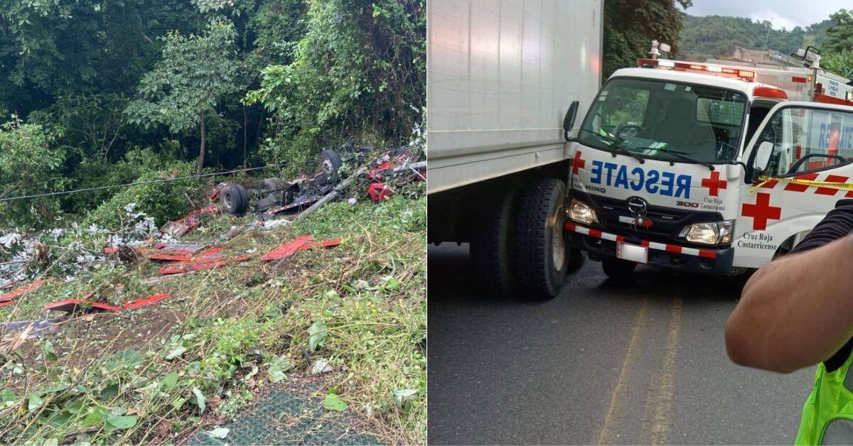 Un motociclista falleció al colisionar con la ambulancia que atendía la caída en un barranco de un tráiler, donde fallecieron otras dos personas. (Fotos: suministradas por Andrés Garita, corresponsal GN)