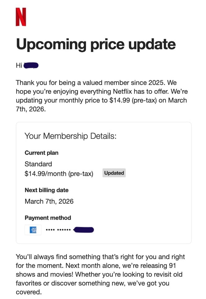Netflix informó a sus suscriptores en Costa Rica sobre un nuevo ajuste en el costo de sus planes, el cual entrará a regir a partir de marzo como parte de su estrategia de crecimiento y ampliación de contenidos.