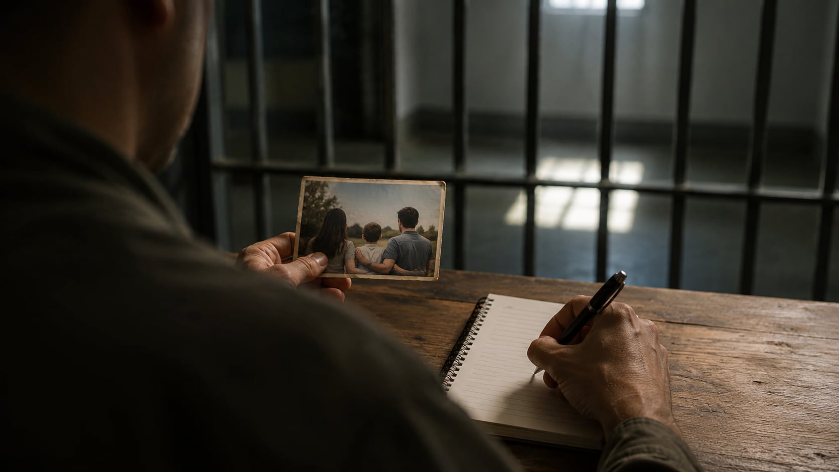 Privado de libertad mira foto de su familia y escribe en un cuaderno. Se ven los barrotes de la celda