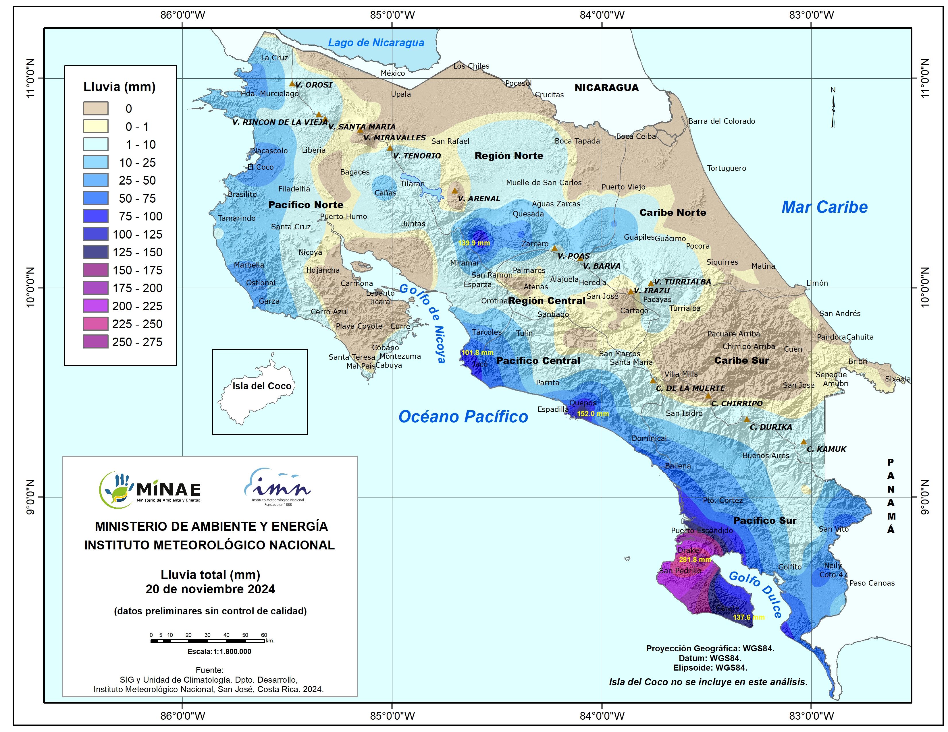 En color morado las zonas de lluvias extremas caídas la noche del miércoles. Además de Osa y Puerto Jiménez, se notan aguaceros torrenciales en Garabito y Quepos. Imagen: IMN.
