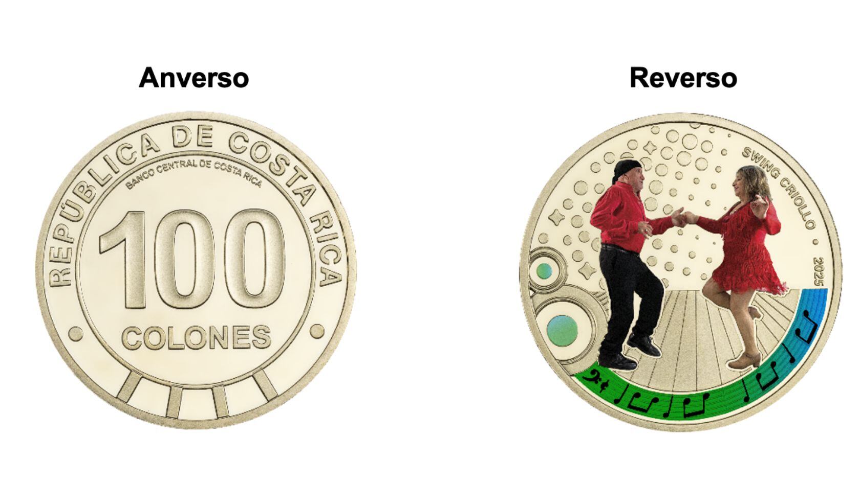 La moneda coleccionable rinde homenaje al swing criollo, expresión artística declarada patrimonio cultural costarricense en 2012.