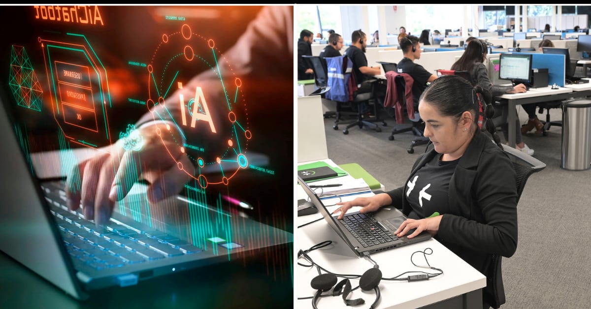 Representación de inteligencia artificial y automatización en empleos de servicios en Costa Rica, con trabajador frente a computadora y gráficos digitales que simbolizan transformación laboral y tecnología.