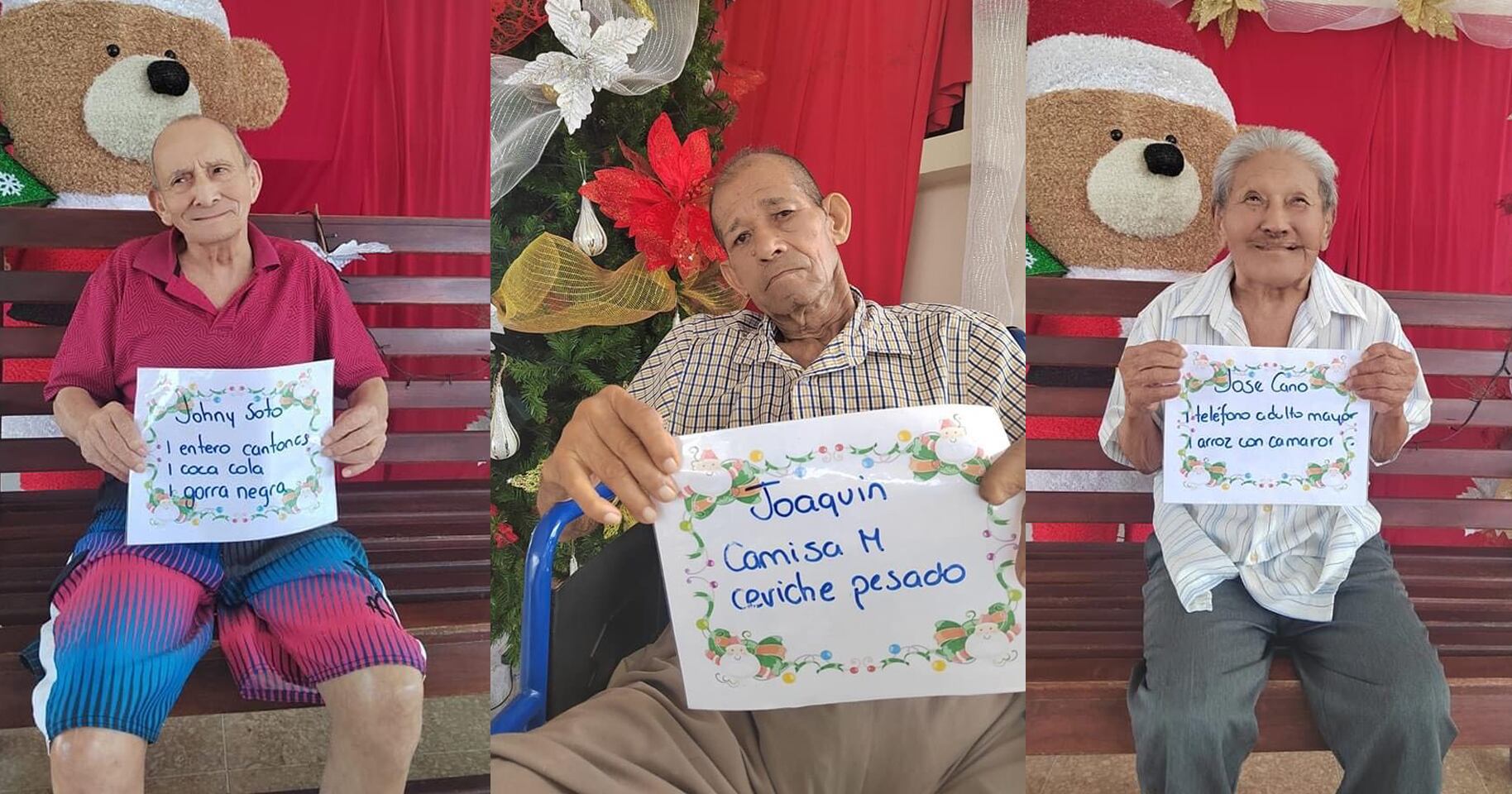 Don José Cano pidió un teléfono para adulto mayor y un arroz con camarones, don Joaquín y don Johnny también pidieron su comida favorita; un entero de cantonés y un ceviche de pescado.