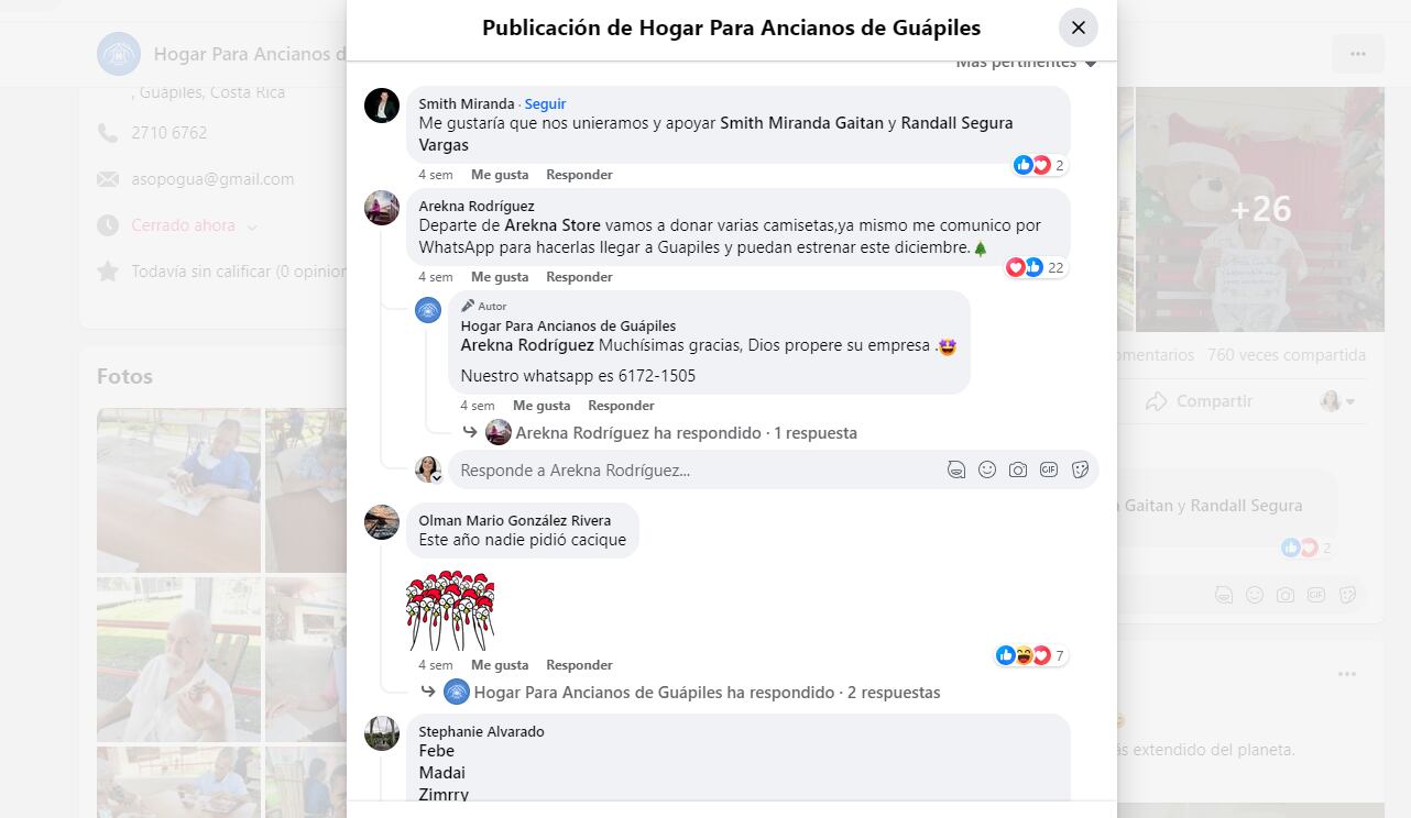 Estos son algunos de los comentarios que han dejado varias personas que desean ayudar al Hogar Para Ancianos de Guápiles y, por ende, apadrinar a los adultos mayores. Foto: Captura