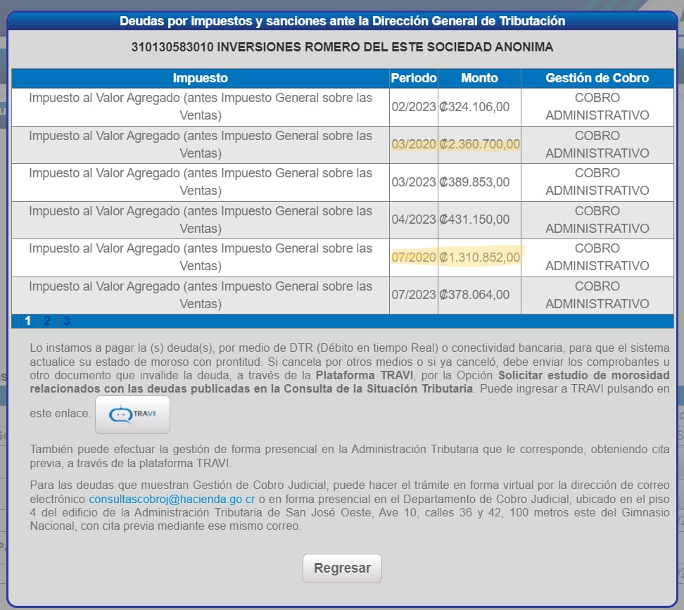 Capturas del sistema de consulta del Ministerio de Hacienda muestran el detalle de pendientes de la empresa Inversiones Romero del Este.