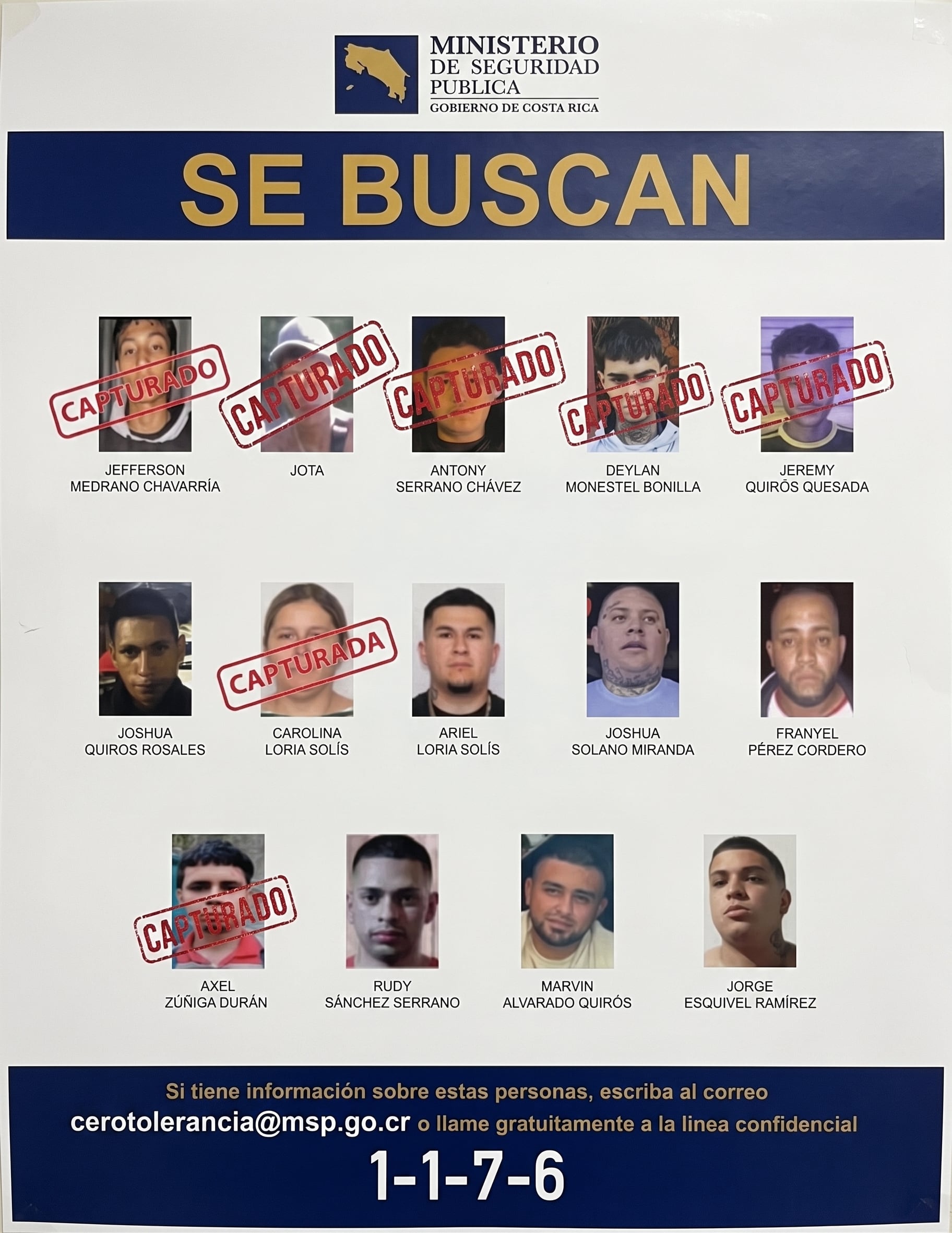 Siete de las catorce personas más buscadas en Cartago ya han sido detenidas; las autoridades continúan tras la pista de los otros siete individuos.
