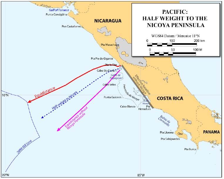 El gobierno de Nicaragua eliminó la Península de Nicoya del mapa de Costa Rica en el juicio que se lleva en la Corte de La Haya, para discuten los límites marítimos entre ambos países. Este es uno de los mapas que los nicaragüenses enviaron a los jueces.
