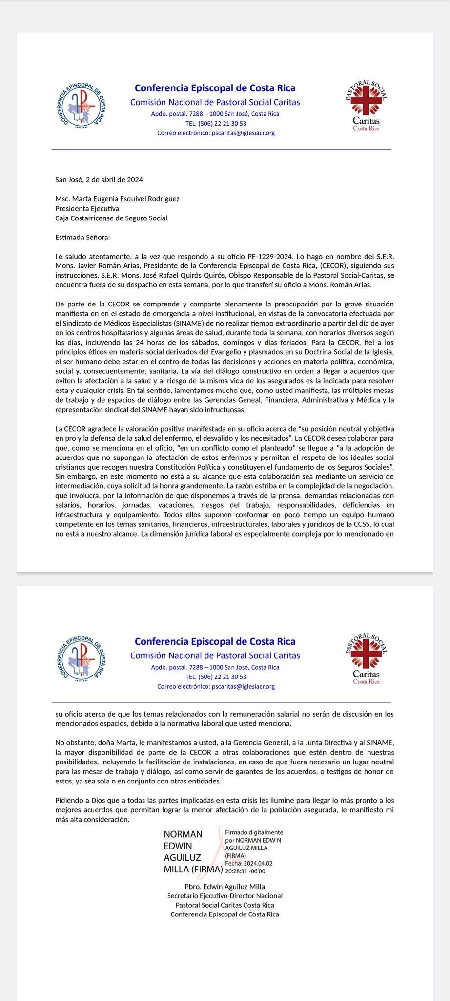 Esta es la respuesta de la Conferencia Episcopal ante la solicitud de mediación para la CCSS.