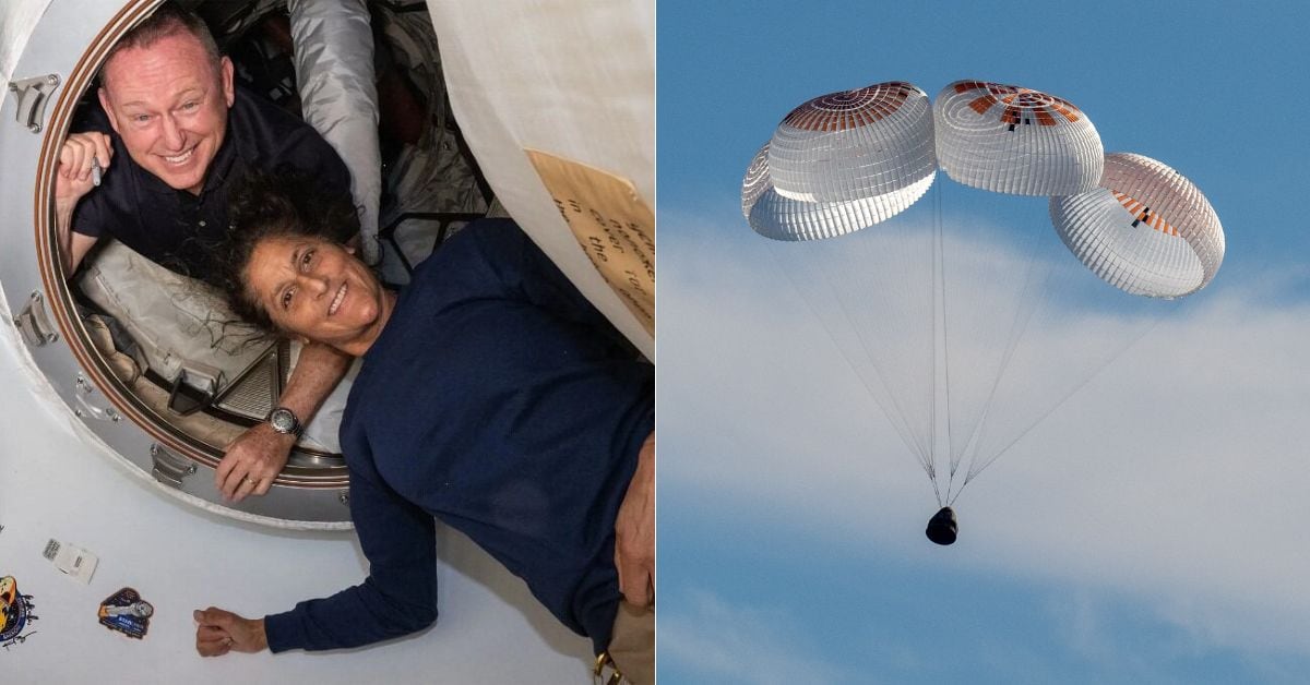 En la imagen los dos astronautas y la cápsula en la cual llegaron a la Tierra.