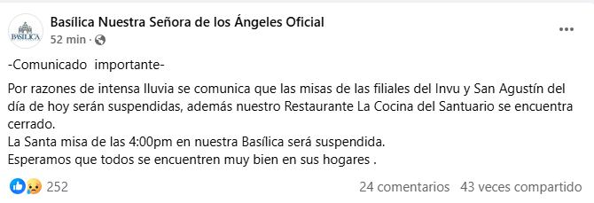 Esta es la publicación de Facebook de la Basílica de los Ángeles.
Fotografía: Captura de pantalla de Facebook