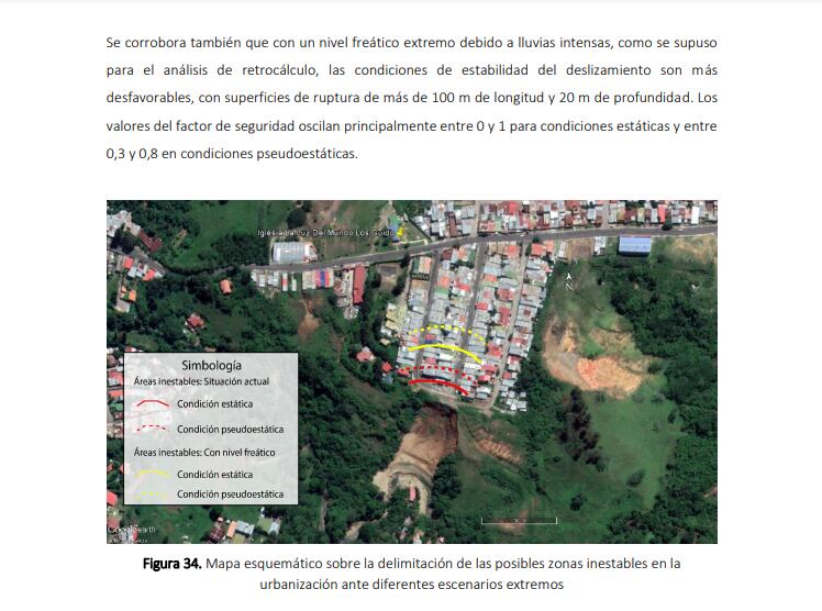 Esta imagen del estudio de la UCR muestra entre líneas rojas la zona de riesgo que luego se deslizó. Las casas entre líneas amarillas ahora están en riesgo Imagen: UCR.
