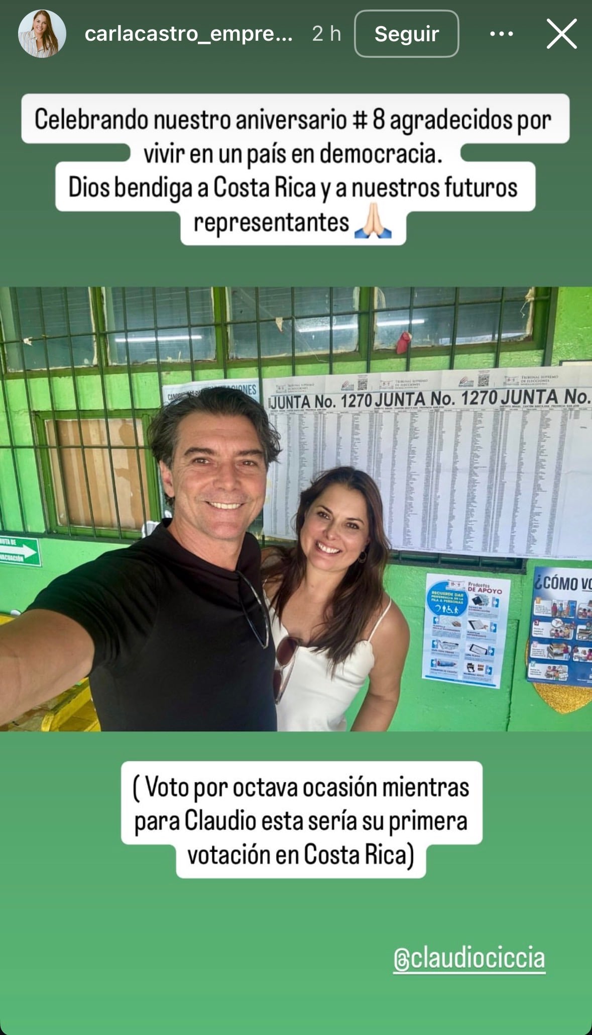 Carla Castro dio a conocer que esta fue la primera vez que Claudio Ciccia votó en Costa Rica.