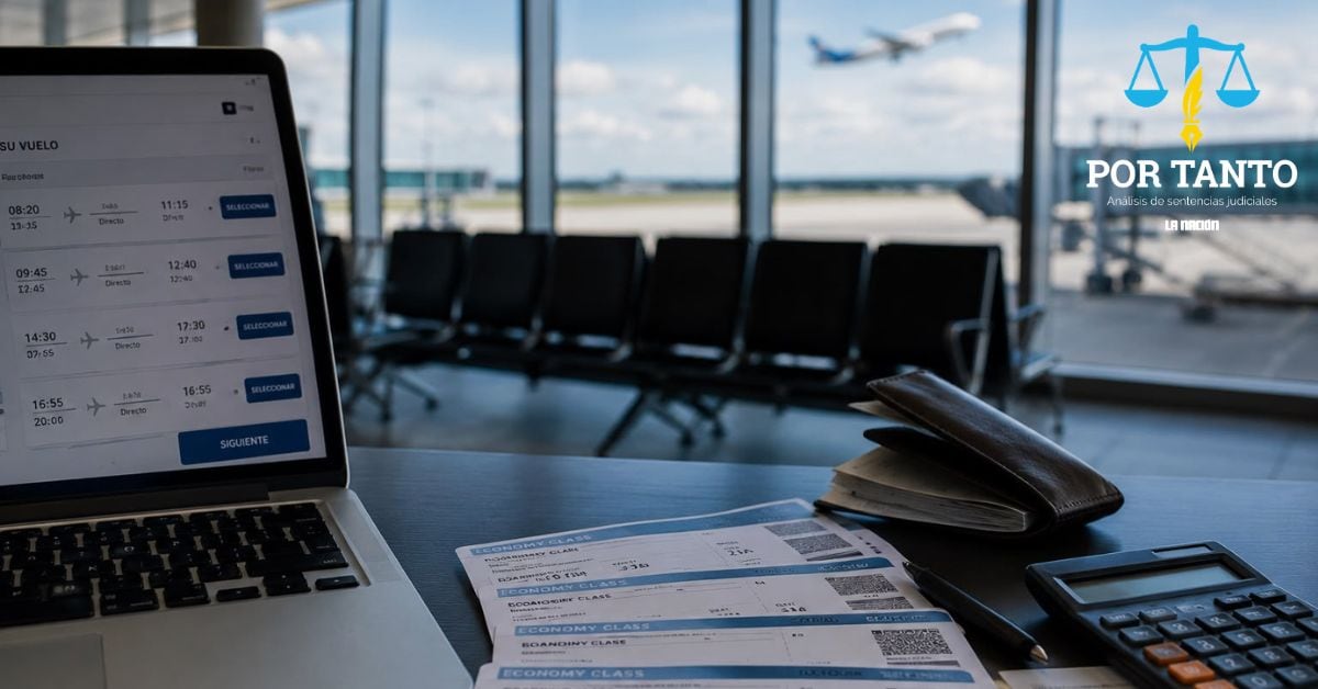 En la imagen, una computadora con cuatro boletos, cuatro boletos en la mesa, una sala de espera en aeropuerto y una calculadora
