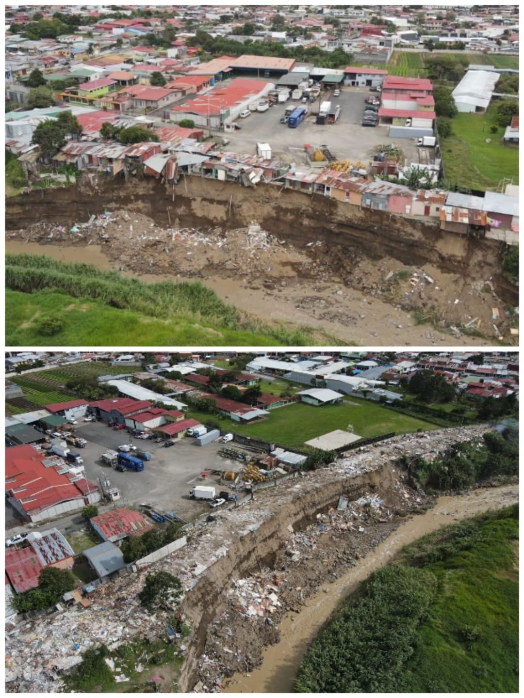 Así se ve la intervención en el dique La Mora en Cartago, arriba las casas en riesgo y abajo las mismas casas demolidas. Foto: Municipio de Cartago.