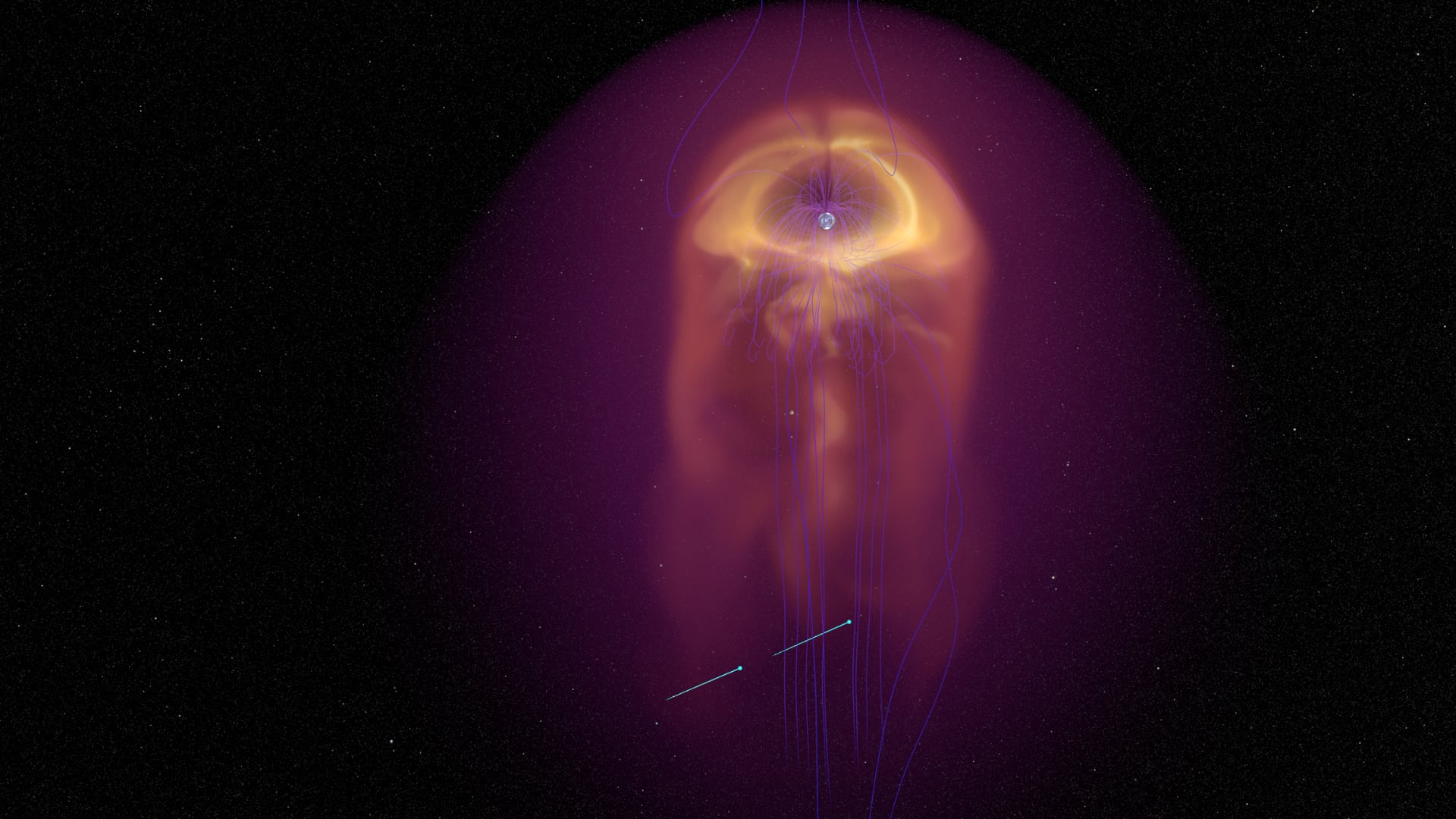 El viento solar comprime la magnetosfera del lado orientado al Sol y estira el opuesto hasta formar la magnetocola; las naves ESCAPADE cruzarán por primera vez su zona más lejana, a 1,9 millones de kilómetros de la Tierra, antes de viajar a Marte.