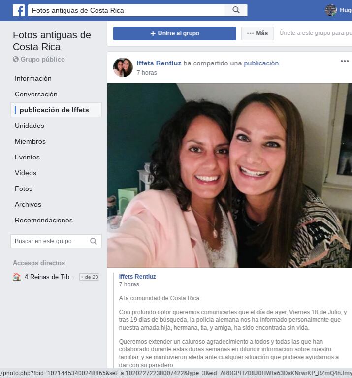 Esta publicación en redes sociales refleja el dolor de la familia, pero también la tranquilidad de saber que la búsqueda terminó. Foto: Tomada del Facebook.