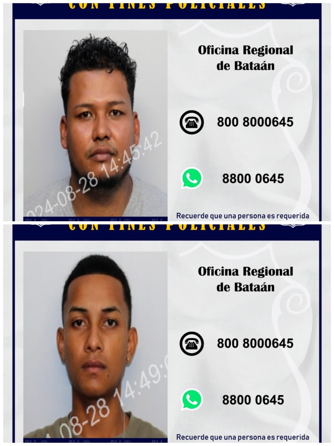 Yirkenneth Patterson Serrano (arriba) y Neigel Díaz Morales, eran parte de los buscados por narcotráfico el martes y siguen en fuga. El OIJ pide ayuda para localizarlos. Foto: OIJ.