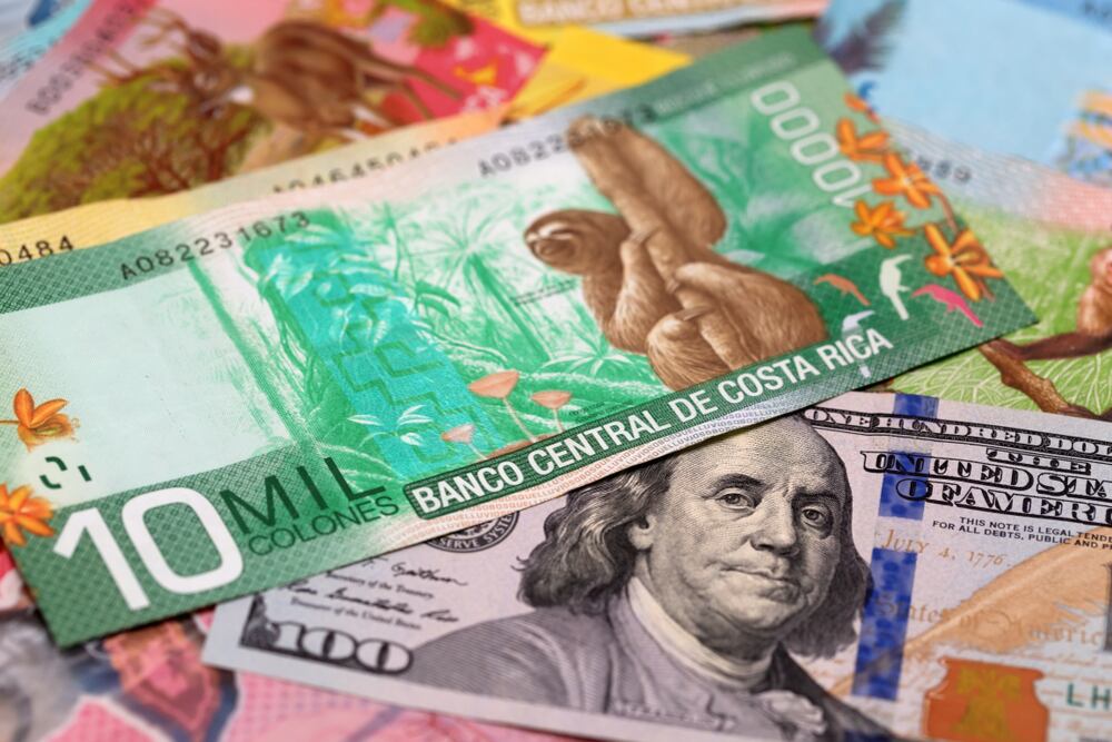Primer plano de billetes costarricenses de 10.000 colones junto a un billete de 100 dólares estadounidenses, representando los cambios en las tasas de interés en Costa Rica según el Banco Central.