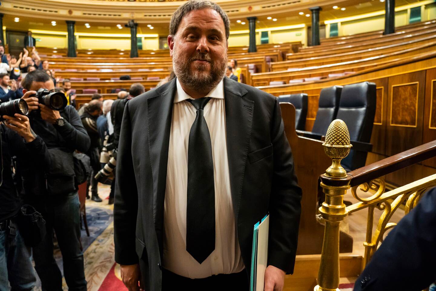 (FILES) In this file photo taken on May 21, 2019 'Esquerra Republicana de Catalunya' - ERC (Republican Left of Catalonia) jailed member of parliament Oriol Junqueras attends the first plenary session of the lower house of parliament since last month's general election, in Madrid. - The Spanish courts should have released Catalan independence activist Oriol Junqueras from prison to enable him to assume his role as an MEP after May's elections, the European Court of Justice said on December 19, 2019. Junqueras enjoyed an immunity that "entails lifting any measure of provisional detention imposed prior to the declaration of that member's election," the court said, in a ruling read by ECJ president Koen Lenaerts. (Photo by Angel Navarrete / POOL / AFP)