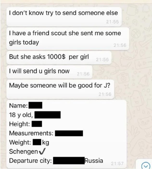 En esta fotografía sin fecha, publicada el jueves 18 de diciembre por los demócratas del Comité de Supervisión de la Cámara de Representantes, se observan mensajes de texto sobre el envío de menores y la descripción de un individuo.