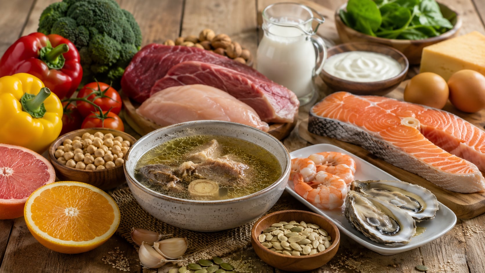 Caldo de huesos, proteínas, frutas con vitamina C y alimentos ricos en zinc destacan entre los aliados del colágeno.