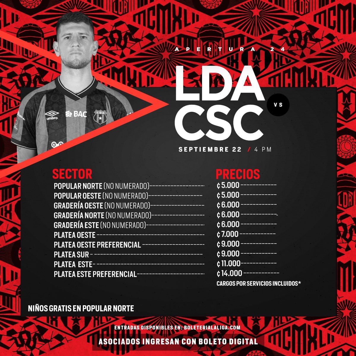 Estos son los precios de las entradas para el partido entre Liga Deportiva Alajuelense y Cartaginés.