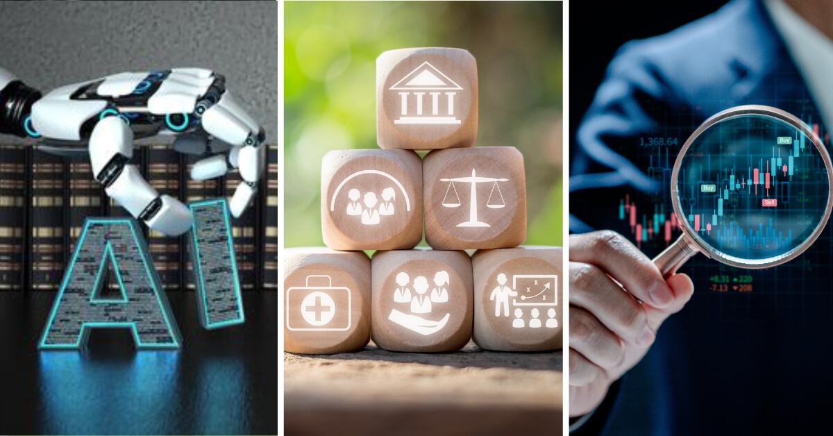 Fotocomposición en Canva que ilustra las tres grandes transformaciones: la inteligencia artificial, la volatilidad de los mercados y las políticas públicas. El impacto neto en la fuerza laboral y la capacidad de adaptación son la clave.