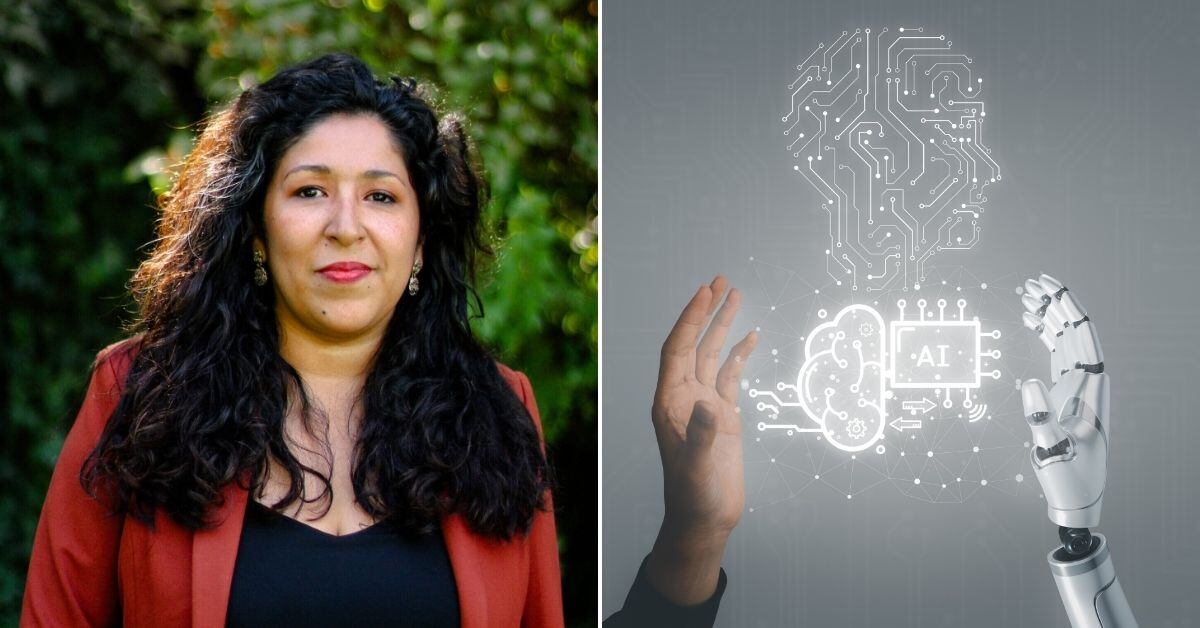 Retrato de Cristina Flores, especialista del Cenia, junto a ilustración de un cerebro digital conectado a un brazo robótico que simboliza la inteligencia artificial.