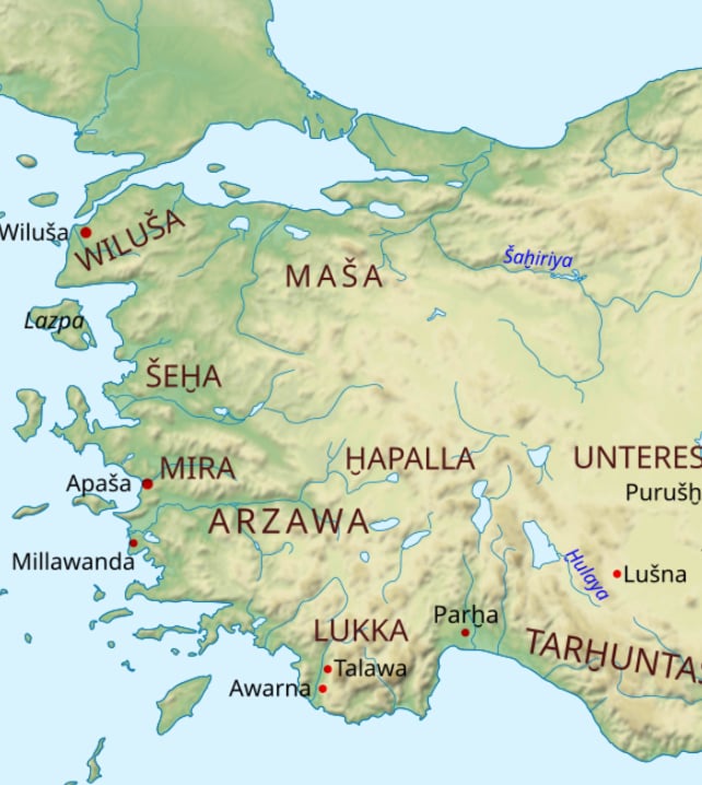Mapa del Cercano Oriente durante la Edad del Bronce que muestra la ubicación de Wilusa, en el noroeste de Anatolia.