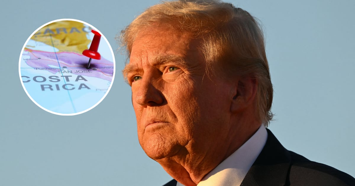 Primer plano de Donald Trump con un mapa de Costa Rica de fondo, resaltando el impacto de sus políticas migratorias y comerciales en la región.