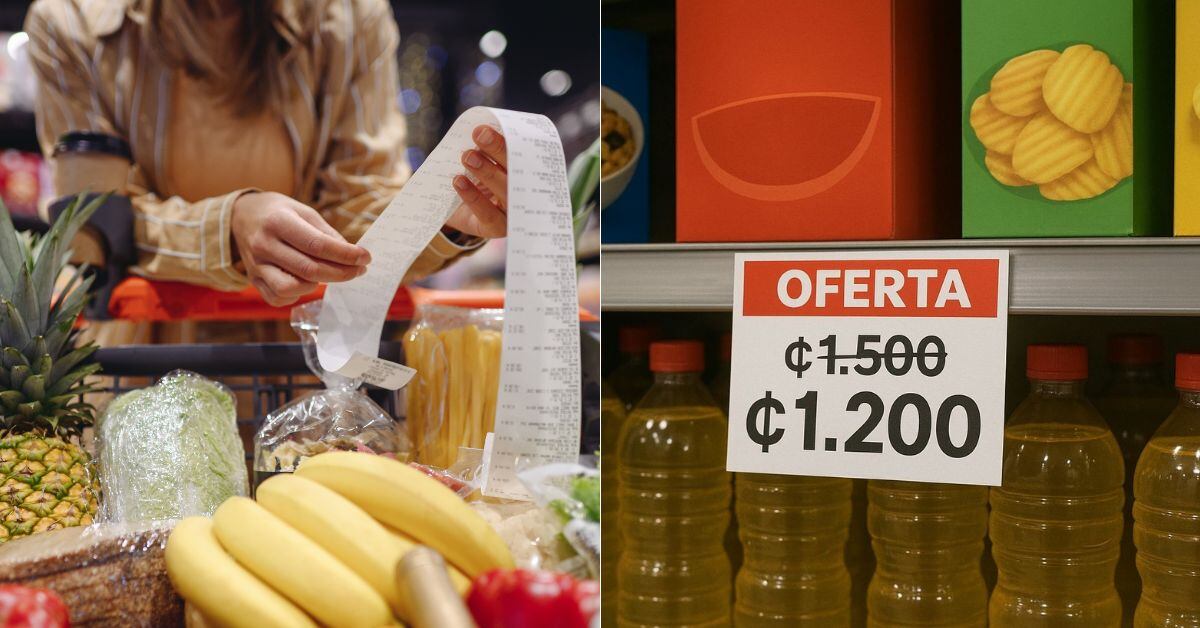 En la imagen una mujer viendo una factura de supermercado, así como un estante con un letrero de oferta donde se rebaja un precio