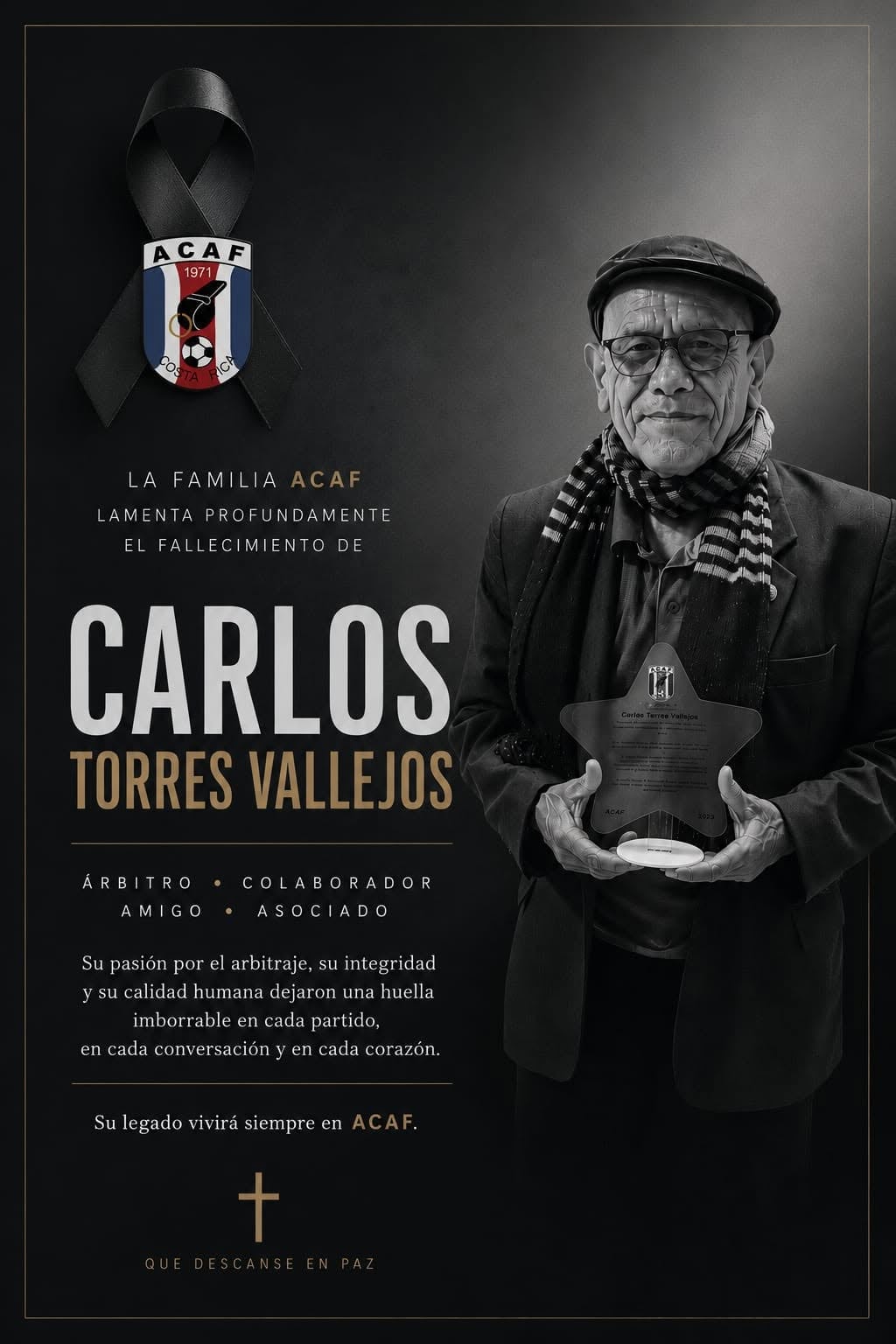 Esta es la nota luctuosa que difundió ACAF ante el fallecimiento de Carlos Torres Vallejos.