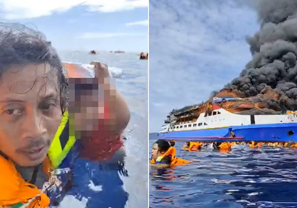Un ferry se incendió frente a Sulawesi. Un hombre transmitió su rescate en el mar mientras sostenía a un bebé.