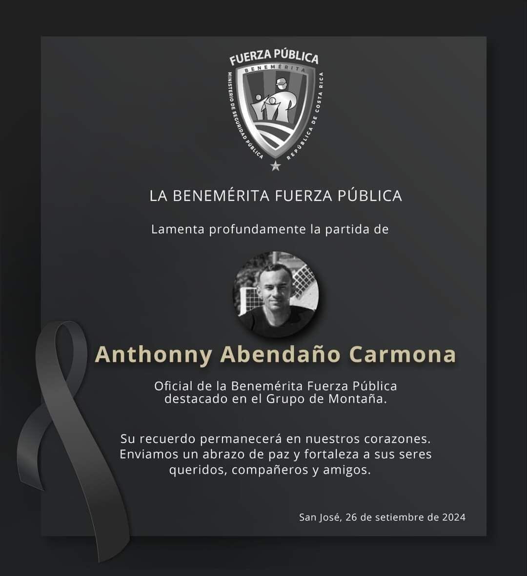 La Fuerza Pública se sumó a los mensajes de pésame por la pérdida de su compañero Anthonny, miembro del cuerpo de montaña.