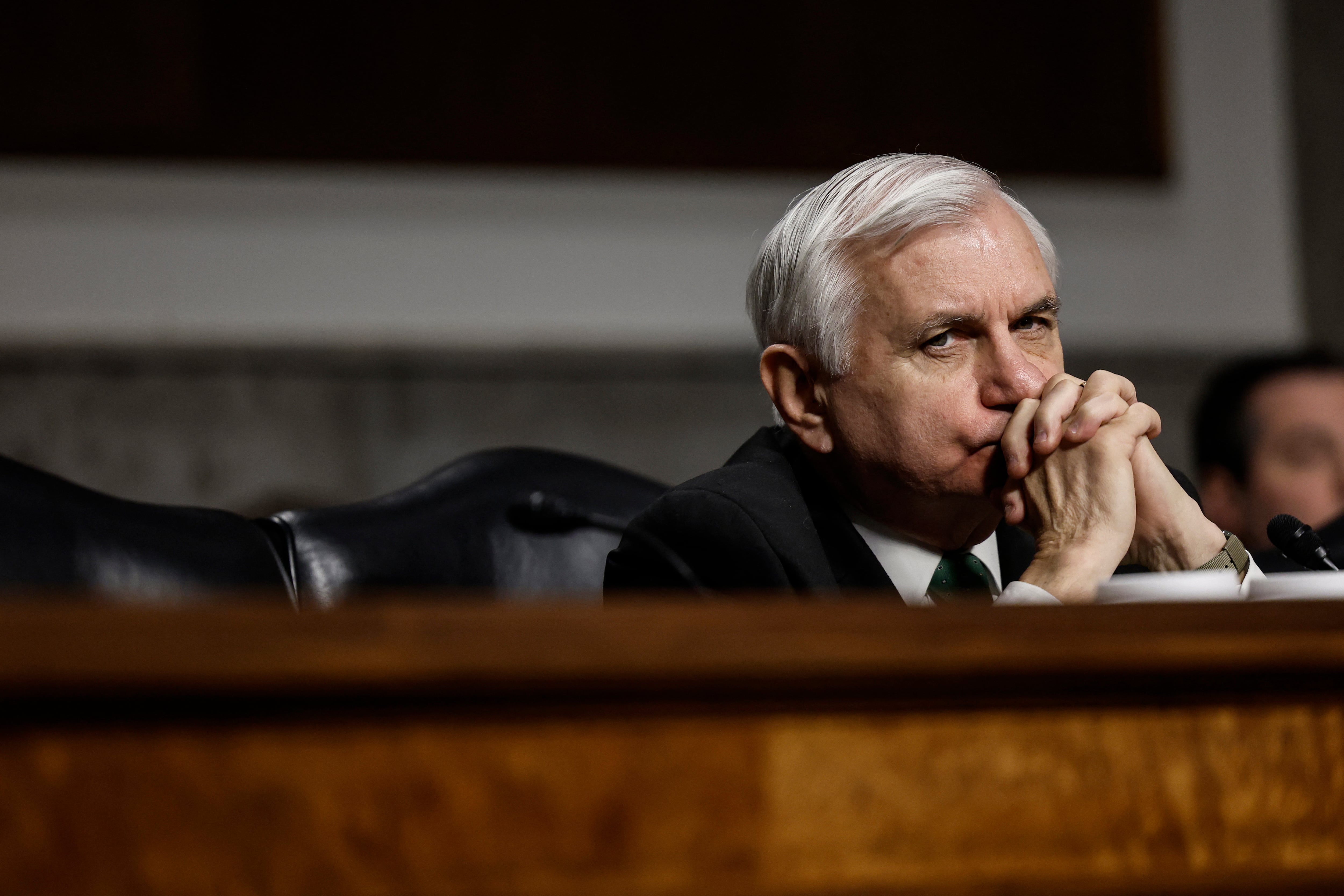 WASHINGTON, DC - FEBRUARY 15: Senate Armed Services Committee Chairman Jack Reed (D-RI) listens during a hearing with the Senate Armed Services Committee Hearing on Capitol Hill on February 15, 2023 in Washington, DC. Members of the committee held the hearing to receive testimony from witnesses about challenges and strategies pertaining to global security. Anna Moneymaker/Getty Images/AFP (Photo by Anna Moneymaker / GETTY IMAGES NORTH AMERICA / Getty Images via AFP)