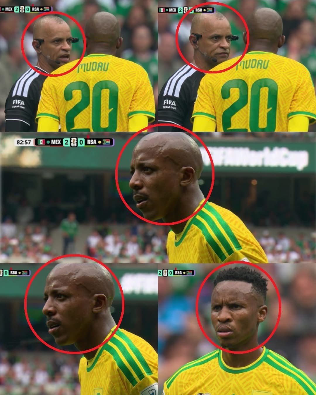 Este imagen refleja el momento más viral del partido entre México y Sudáfrica, con el árbitro Wilton Sampaio como protagonista.