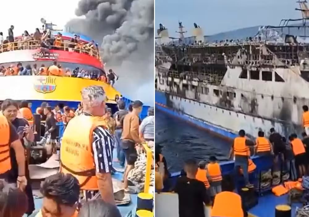 Un ferry se incendió frente a Sulawesi. Un hombre transmitió su rescate en el mar mientras sostenía a un bebé.