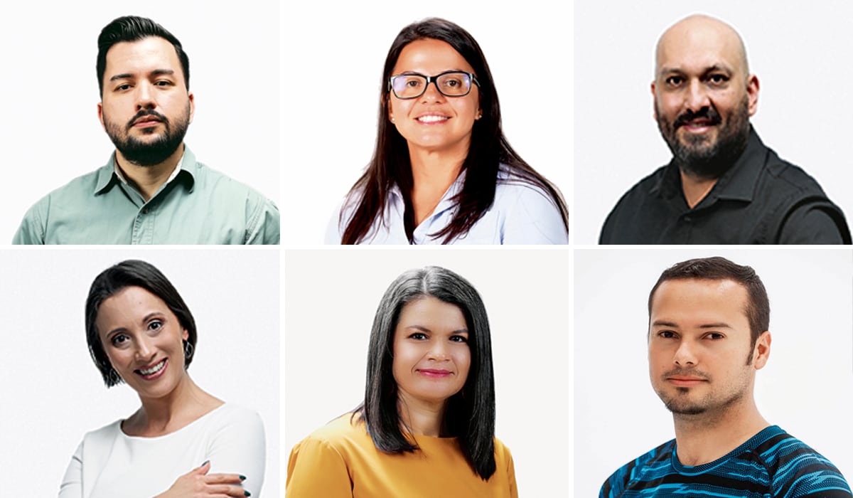 De izquierda a derecha, fila superior aparecen los periodistas Róger Bolaños, Natasha Cambronero y Esteban Oviedo. En la fila inferior, aparecen la periodista Irene Rodríguez, la diseñadora Laura Murillo y el foto-periodista José Cordero. Fotografía: Redacción LN.