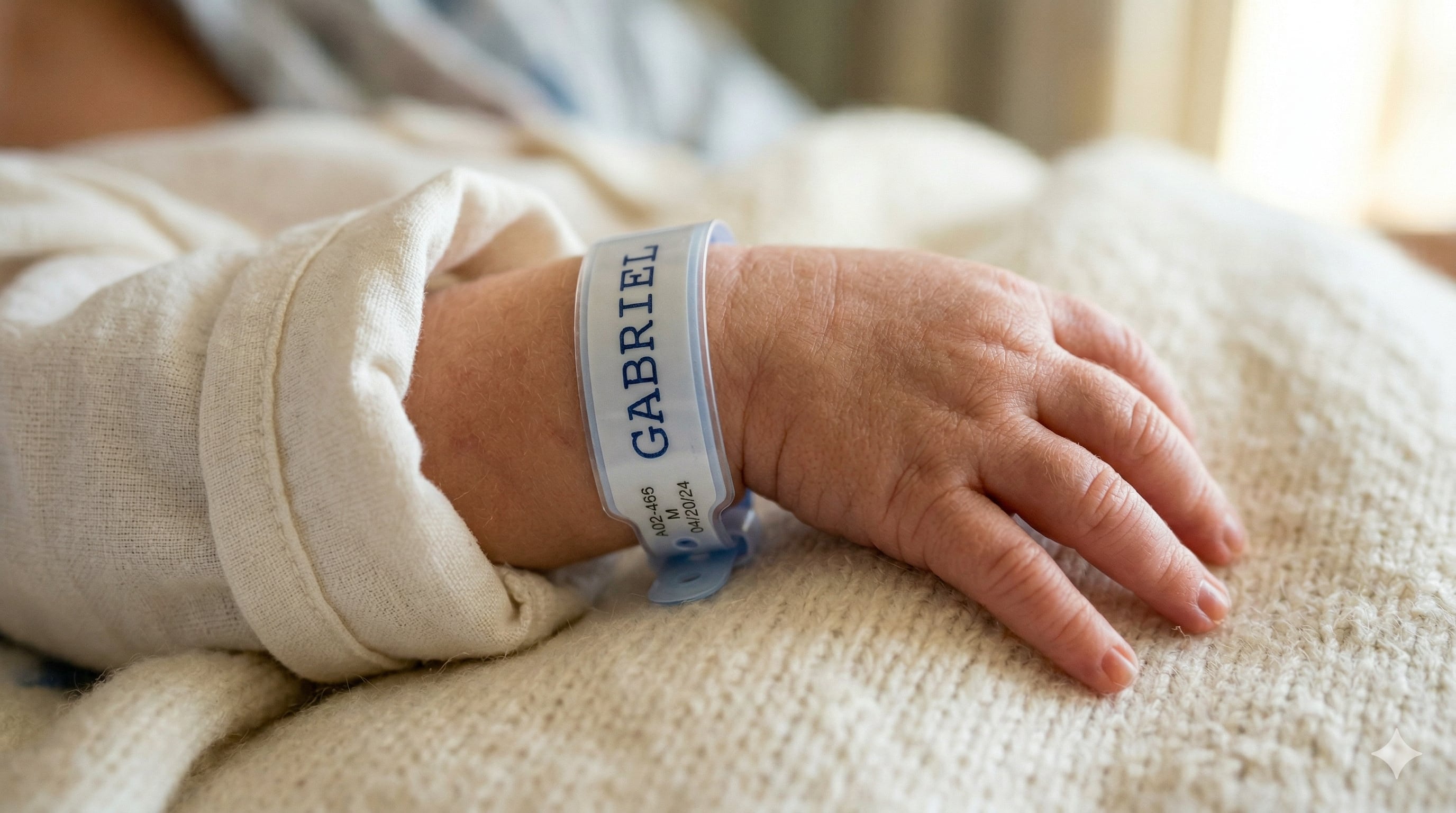 Plano de detalle de brazo de bebé recién nacido con brazalete donde se lee su nombre: Gabriel