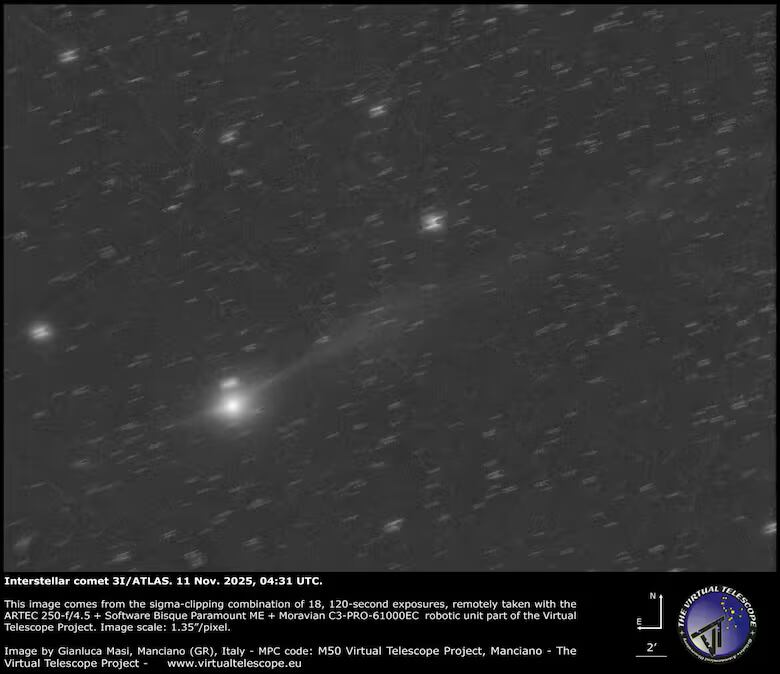 Imagen del cometa 3I/ATLAS tomada el 11 de noviembre, donde se puede ver la cola extendida a lo largo de su trayecto