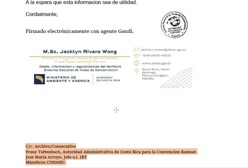 Extracto del oficio Sinac-SE-IRT-168-2024, del 23 de agosto del 2024, en donde Rivera Wong, exdirectora del Programa de Humedales, del Sinac, explicó por qué no se podía actualizar el mapa del sitio Ramsar en Gandoca-Manzanillo. Allí se observa que su respuesta se copió al ministro. Fotografía: Reproducción.