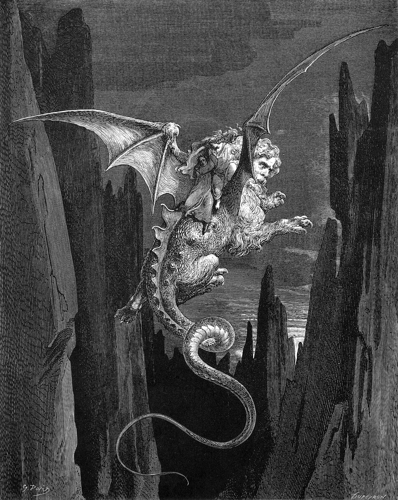 Un grabado en madera de Gustave Doré de Gerión para el Infierno de Dante.